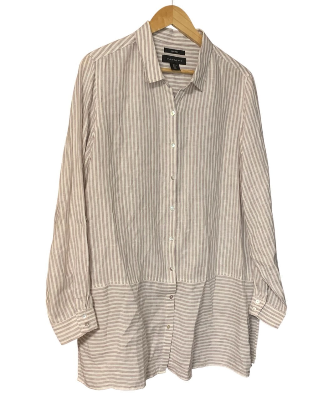 Tahari Linen Tunic Top L Beige White Stripe Long Sleeve